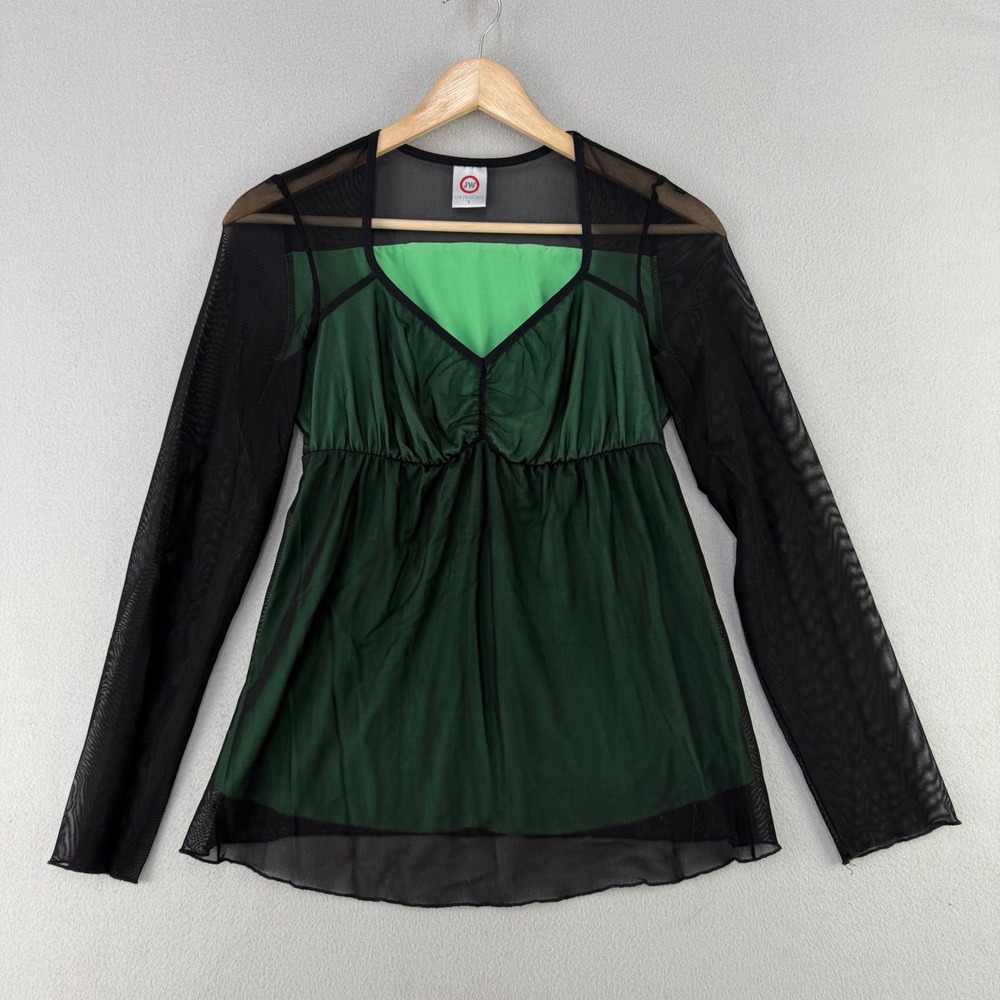 VTG 90s JW San Francisco Sheer Babydoll Shirt Women S Green Black Whimsygoth USA